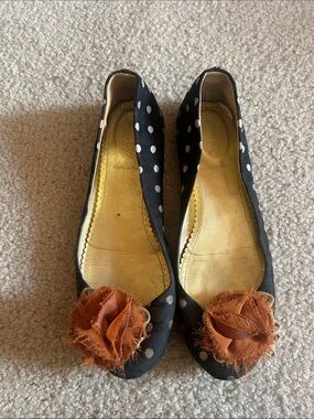 J. Crew Black Polka Dot Ballet Flats with Orange Fabric Rosettes